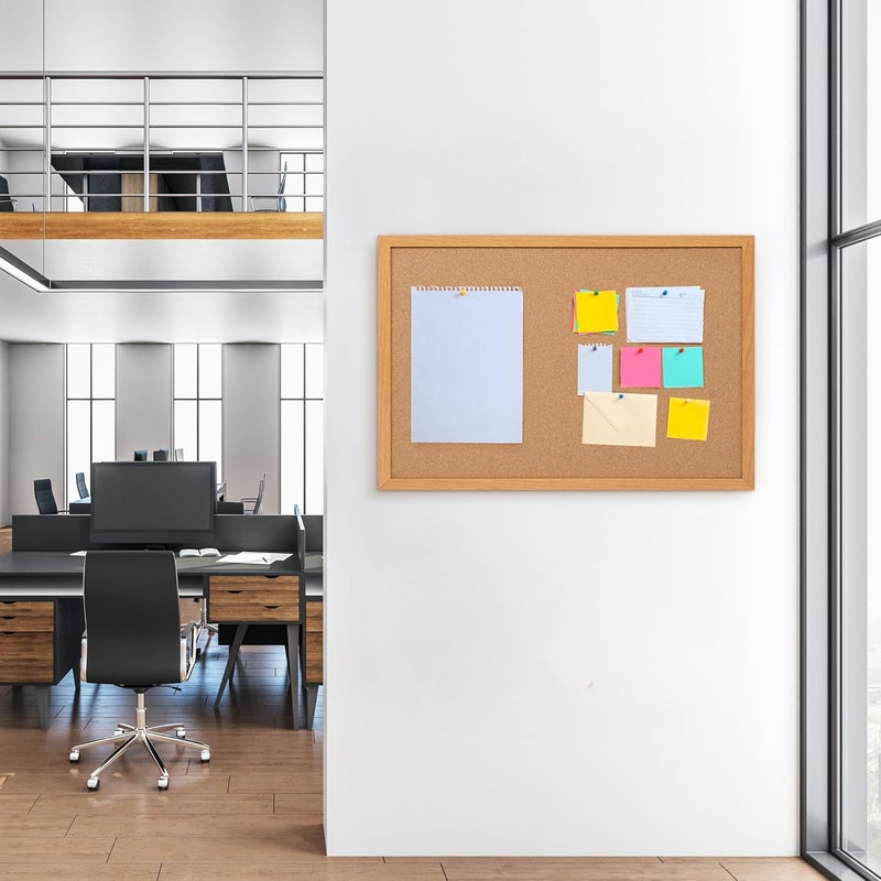 Board2by لوحة إعلانات من الفلين 2 عبوة 20" × 30"، لوحات فلين بإطار خشبي لتزيين الجدران، لوحة رسائل مكتبية معلقة، لوحة إعلانات مثبتة على الحائط مع 30 دبابيس دفع للمدرسة، المنزل والمكتب - Image 3